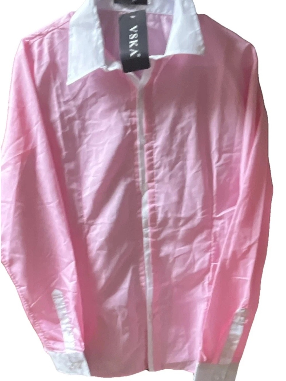 VSKA Women’s Dress Shirt Solid Pink/White Long Sleeve Collared Button-Front